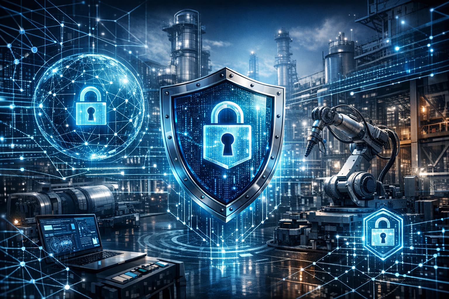 Cybersecurity in industrial companies theme with digital security elements and industrial machinery.