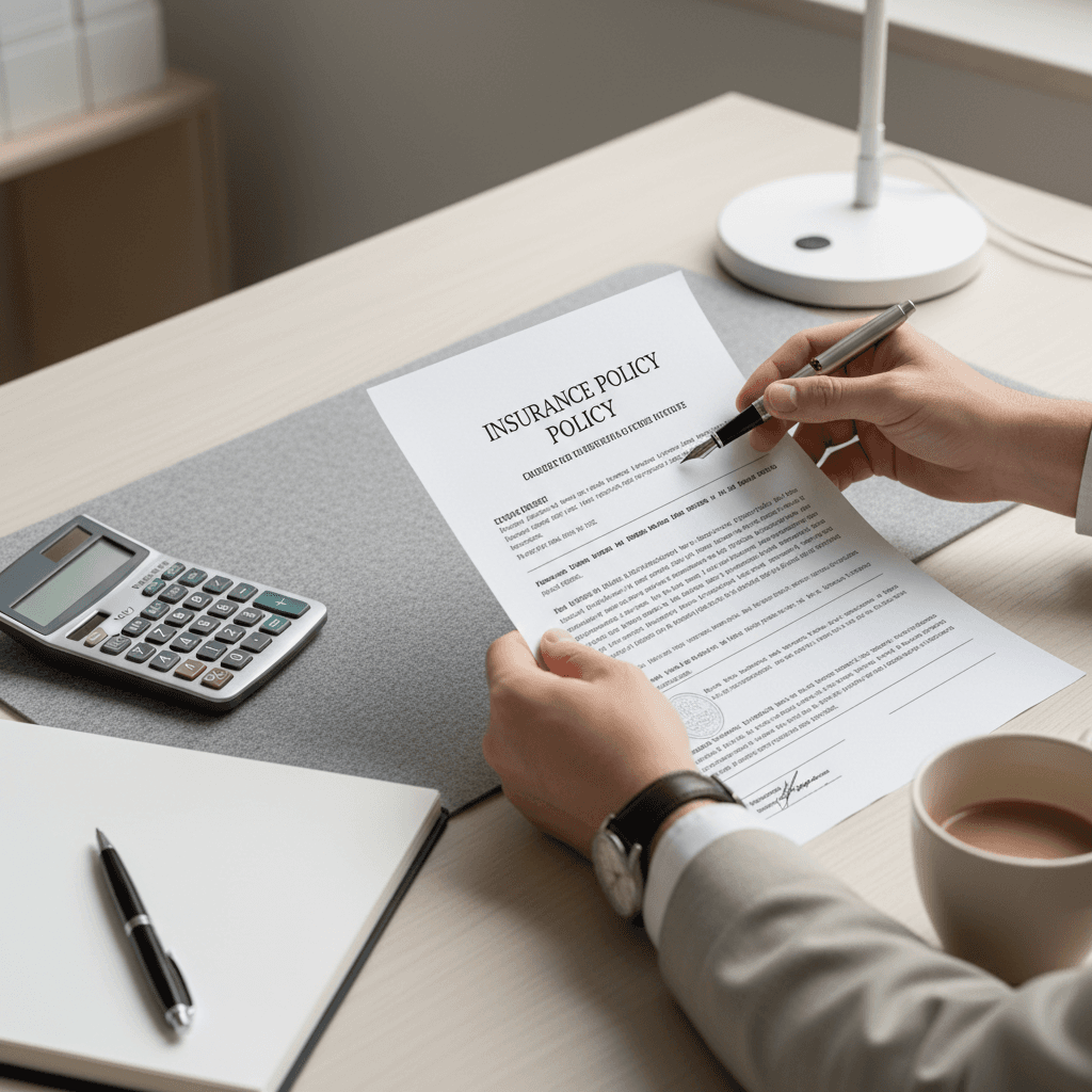 Close-up of professional hands reviewing life insurance policy document on clean desktop workspace