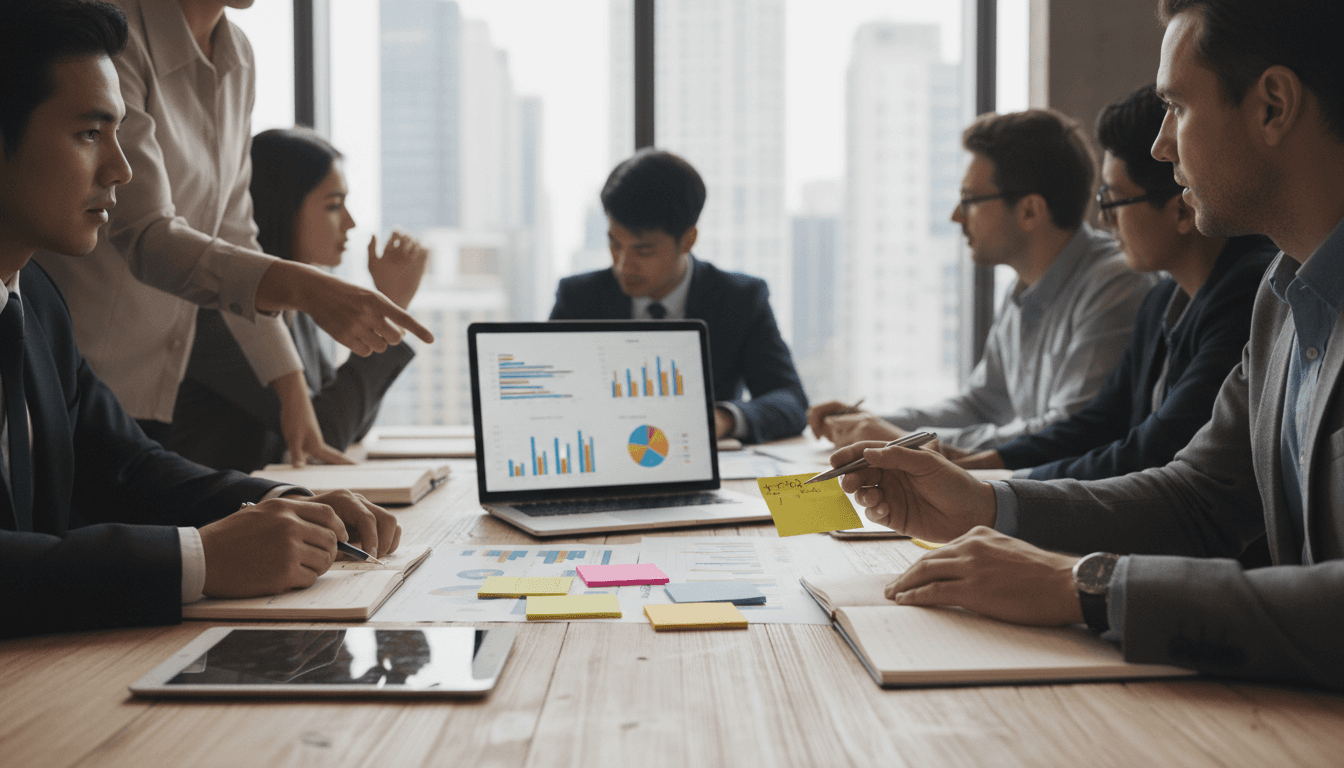 Versicherungsberater in Beratungsgespräch mit Industriekunde in modernem Büro